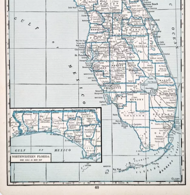 1934 FLORIDA Map St Augustine Miami Keys Tampa Hillsboro Jacksonville ORIGINAL