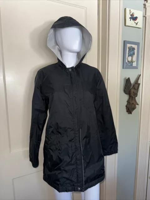 WOMENS BLACK /gray Reversible LONDON FOG HOODED RAINCOAT 7/8