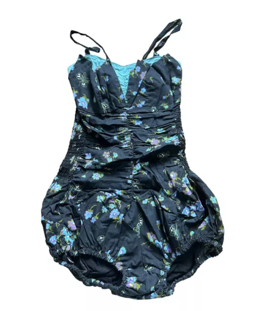 Vtg 40s 50s Pin Up Ruched Ruffle Black Floral Swim Bathing Suit