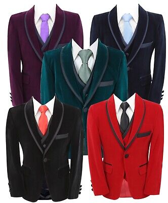 Boys Tuxedo Suit Slim Fit Formal Pageboy Velvet Wedding Shawl Lapel 3 Piece Set