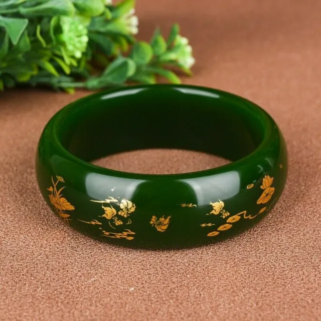 65mm China Hand Carving Natural Spinach Green Jade Bracelet Lotus Wide Bangle