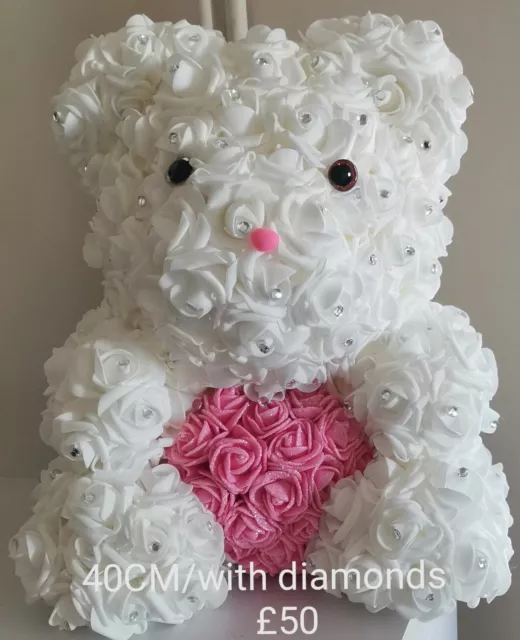 Bear big size 40cm with foam roses white with diamonds And Pink 🩷