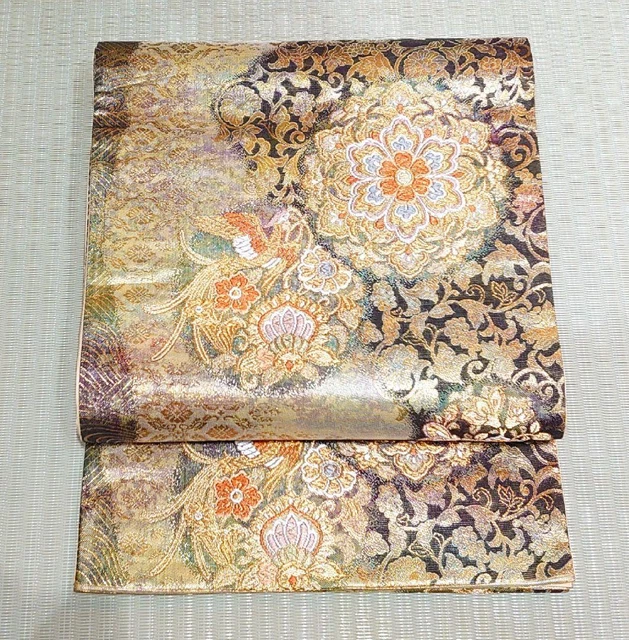 Fukuro OBI flower phoenix gold thread good Japanese Kimono Belt #46