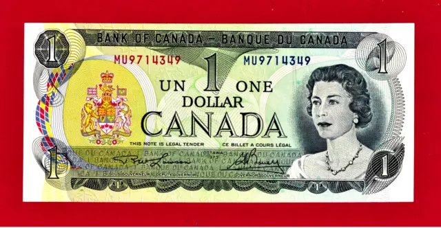 1 DOLLAR 1973 CANADA UNC Note Sign: Lawson-Bouey 2-Letters 'MU' Prefix (P-85a.1)