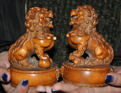 Old chinese Boxwood wood master hand carved foo dog lion rich animal statue pair