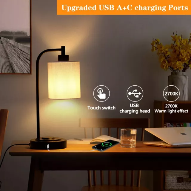 Hi-ERA Touch Bedside Lamp, Industrial Table Lamp Bedside with USB A+C Charging