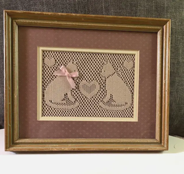 Vintage Framed Cats and Heart Doily Picture By Figi Graphics Wall Art 9" X 11"