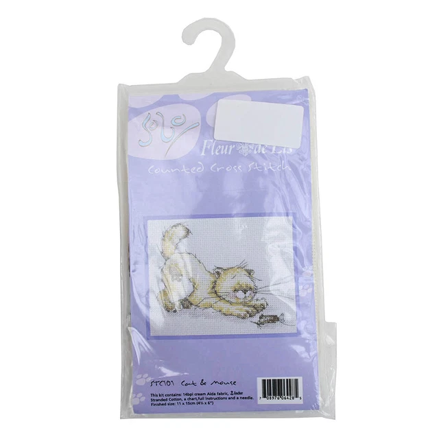 Kit Broderie Point De Croix Chat & Fleur - Toile Imprimée 11CT, Fil Coton, Aiguilles, Pour Débutants Adultes Ou Enfants