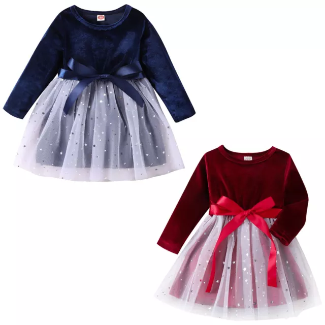 Baby Velvet Tutu Dress Toddler Girls Long Sleeve Christmas Birthday Party Dress