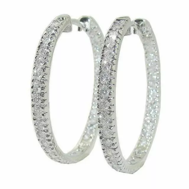 14K White Gold 1.28Ct Round Lab-Created Diamond Women's Beautiful Hoop Earrings