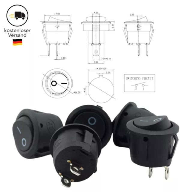 Kippschalter Wippschalter Rund EIN / AUS 2 PIN 12V - 230V / 6A 15mm KFZ