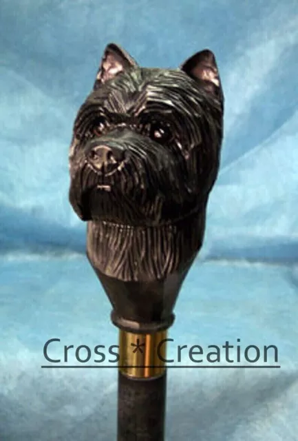 Wooden Walking Stick Cane Cairn Gift Carved Terrier Dog Head Handle Style