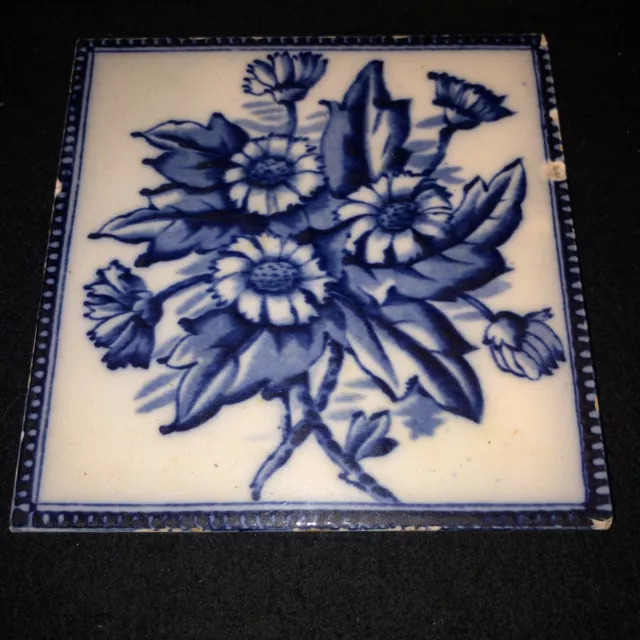 Vintage Ceramic Tile Blue & White Art Nouveau Old Antique Aesthetic Period c1880