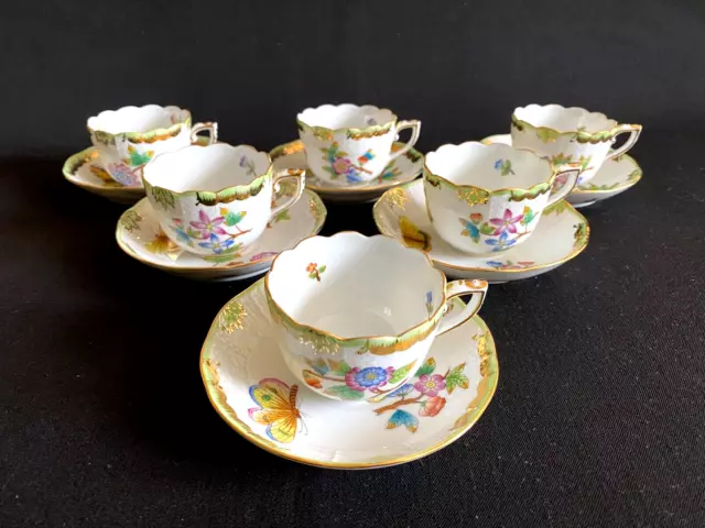 HEREND PORCELAIN HANDPAINTED QUEEN VICTORIA MOCHA CUP AND SAUCER 711/VBO(6pcs.)