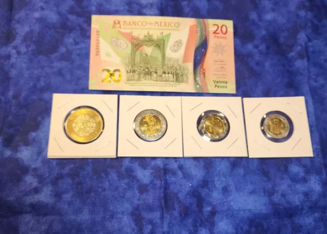 Circulated Billete $20 pesos conmemorativo Mexico lote 4 monedas  2023 Brillante