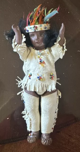 Antique German? 7” Native American Indian Bisque Doll In leather & headdressRARE