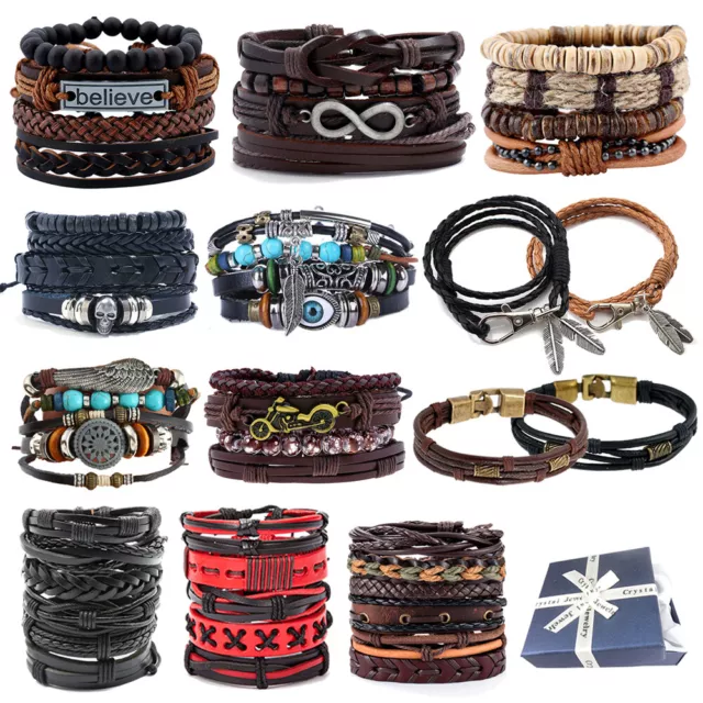 Mens Real Leather Bracelet Braided Wristband Bangle Punk Beaded Surfer Wrap Gift