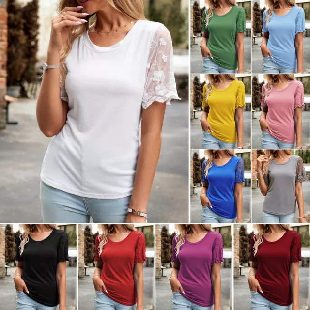 Plus Size Ladies Summer Short Sleeve T Shirt Tops Womens Plain Lace Blouse Tee