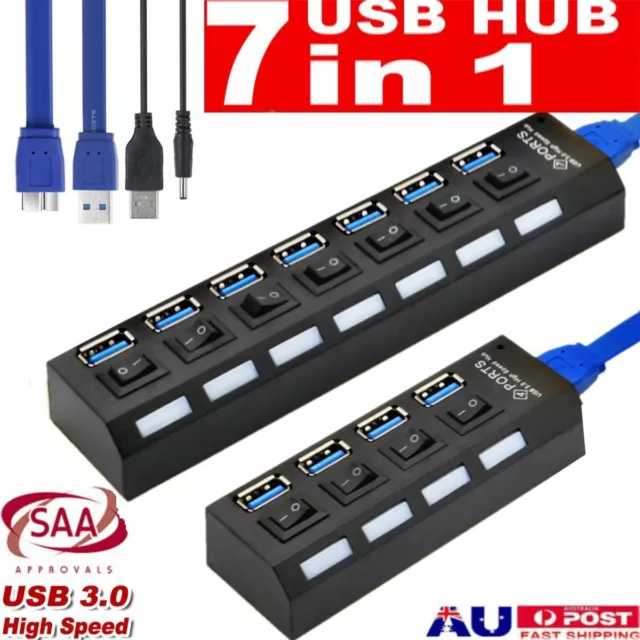 4/7 Port USB 3.0 HUB Powered +High Speed Splitter Extender PC AC Adapter Cable