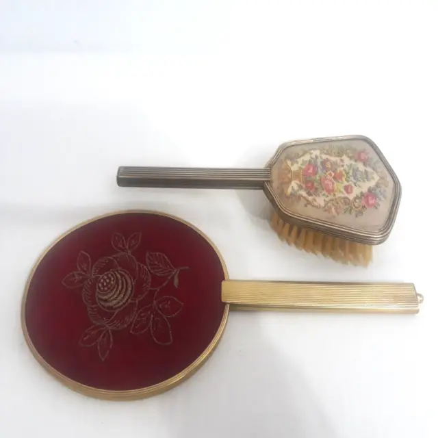 Vintage Hair Brush And Mirror Vanity Set Hand Held Gold Tone Floral Design UK