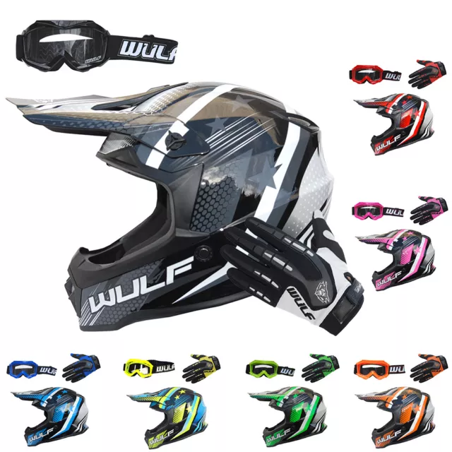 Wulfsport Iconic Kids Motocross Helmet Attack Gloves Cub Goggles Off Road Quad