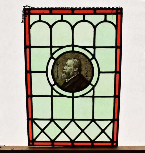 20" Tall Antique Stained Glass Panel with Leaded Glass Hand Painted Portrait