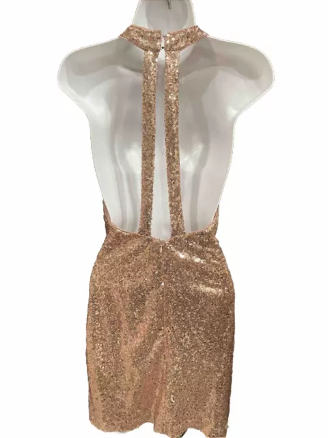 NWT Aqua Women's Beige Sequin V Neck Spaghetti Strap Mini Dress Size Small