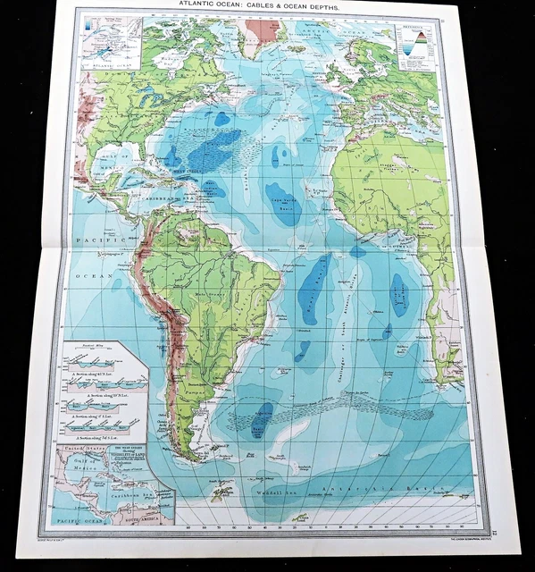 ANTIQUE MAP OF The Atlantic Ocean Sea Depth Chart Oceanography Cables ...