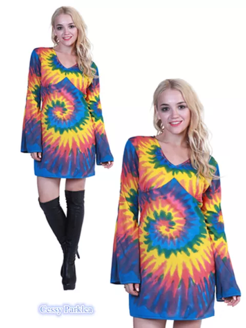 SN-D94 Ladies Tie Dye HIPPIE 1960S 1970S Retro Girl Groovy Go Go Dancing Costume