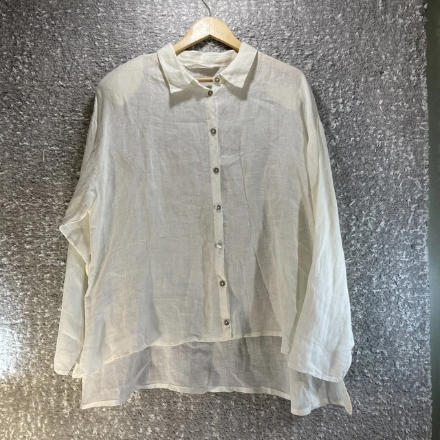 Luna Luz Women Collared Linen Button Up Tunic Shirt Relaxed Fit White Medium
