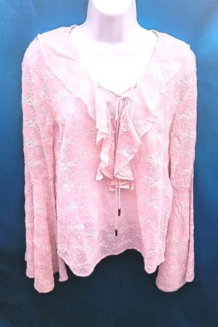 Guess XS Pink Allover Embroidered Blouse w/ Lace Up Ruffled Front & Bell Sleeves