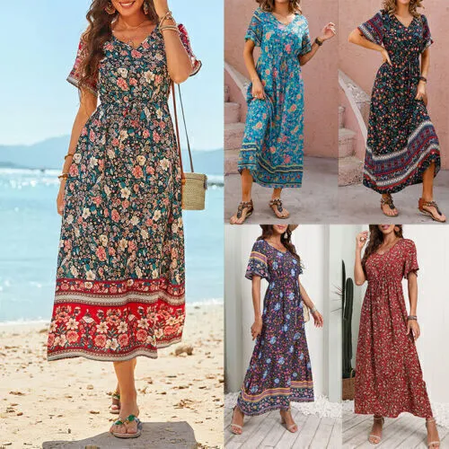 Womens Boho Floral Maxi Long Dress Ladies Summer V Neck Holiday Beach Sundress