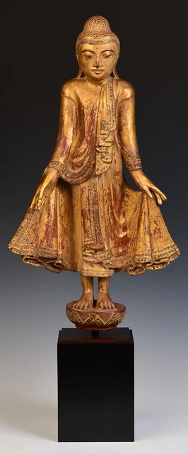 19th Century, Mandalay, Antique Burmese Wooden Standing Buddha