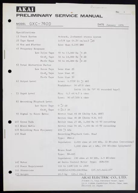 Original AKAI GXC-740D Preliminary Service Manual/Diagram/Parts List o216
