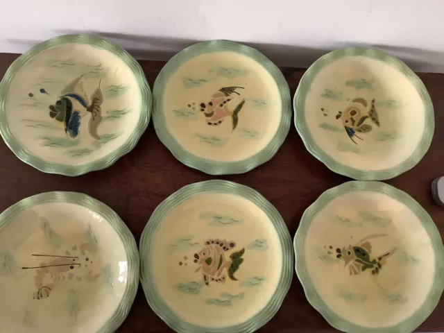 Cerenne Vallauris Vintage Green Fish Plates & Bowls x6 - 23 cm Dia