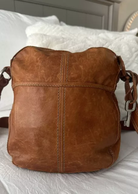 Fossil Vtg Cognac Brown Leather Crossbody Medium Women’s Bag Pockets Hobo Hippie 2