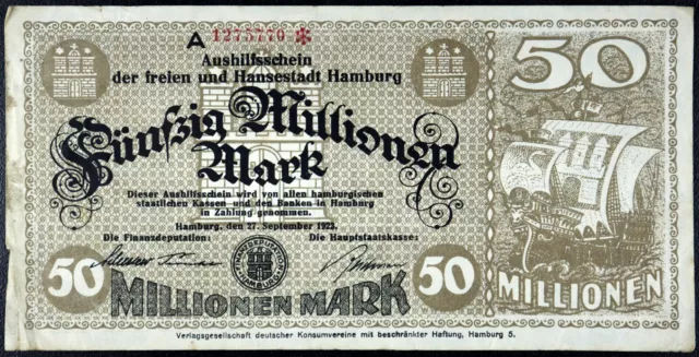 HAMBURG 1923 "Sailing Ship" 50 Million Mark Inflation Notgeld Banknote Germany