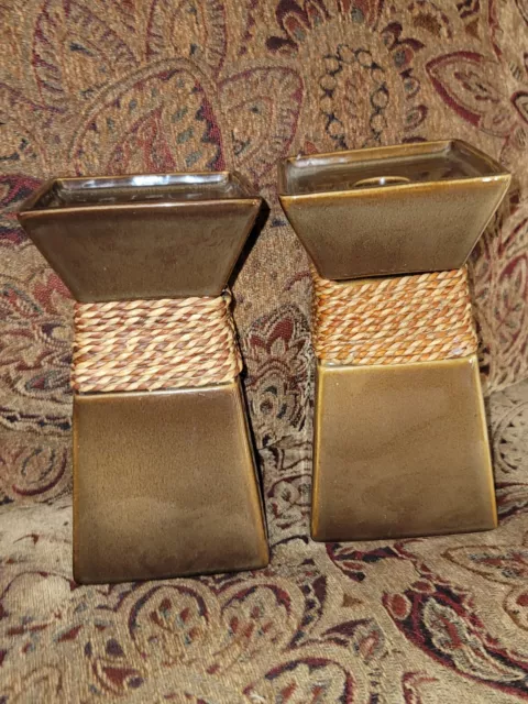 Fall Autumn PartyLite Rustic Sahara Brown Taper Pillar Rope Candle Holders Pair