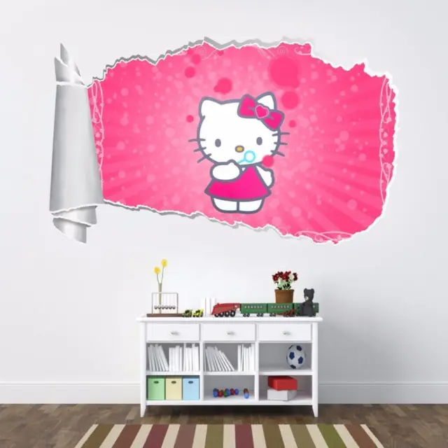 Hello Kitty 3D Torn Hole Ripped Wall Sticker Decal Home Decor Art Mural WT280