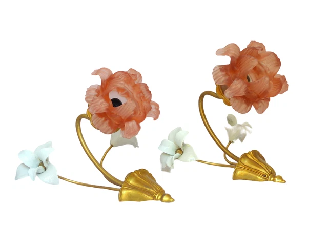 Vintage PAIR French Brass Bronze Rococo Wall Light Sconce Shade Porcelain Flower