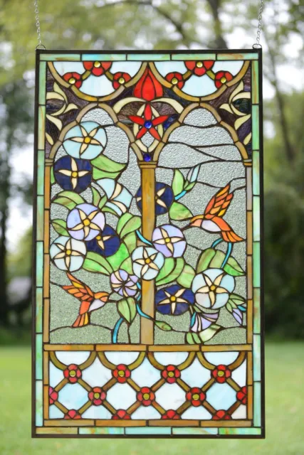 20" x 34" Decorative Handcrafted stained glass window panel hummingbird flower