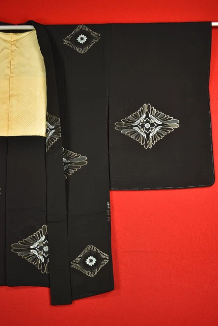 Vintage Japanese Kimono Silk Antique BORO Black HAORI Kusakizome Woven/A540/680 2