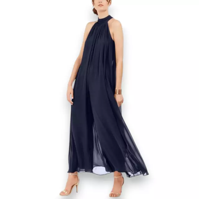 *MSK Women's Chiffon Wide Leg Jumpsuit Navy Blue Size Large