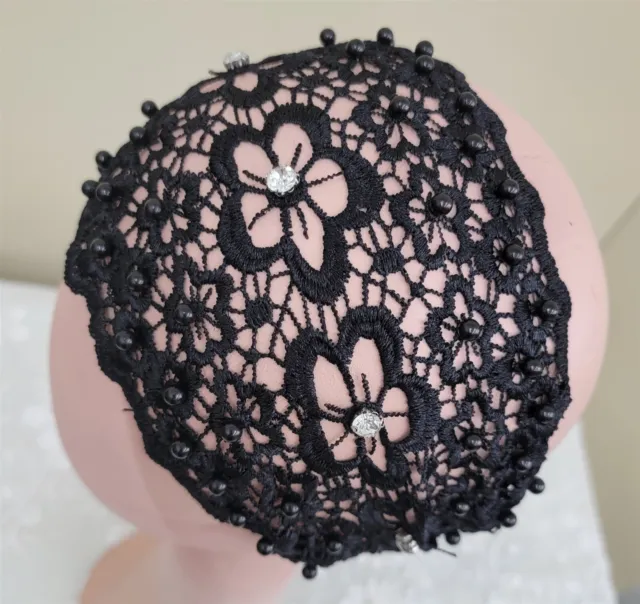 Victorian Trading Rhinestone & Pearl 6" Wide Floral Lace Headband Black 6D