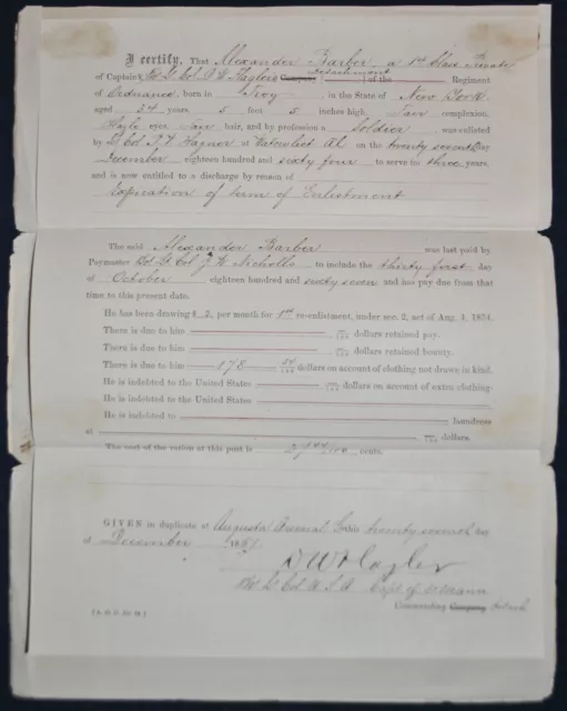 1864 Enlistment Discharge Document for Ordnance 1st Class Private