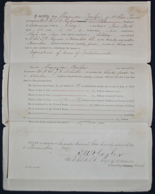 1864 Enlistment Discharge Document for Ordnance 1st Class Private