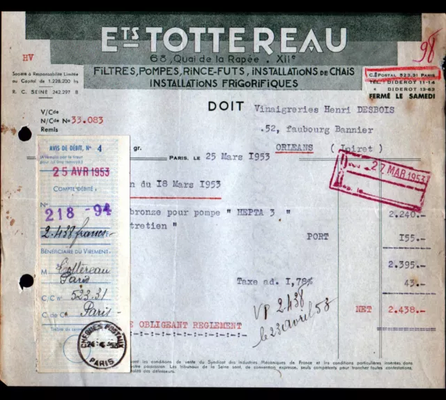 PARIS (XII°) MATERIEL pour CAVISTE "Ets TOTTEREAU" en 1953