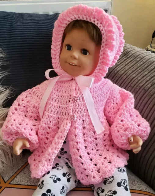 3-6 Months baby girls hand knitted crochet bonnet hat and cardigan Pink