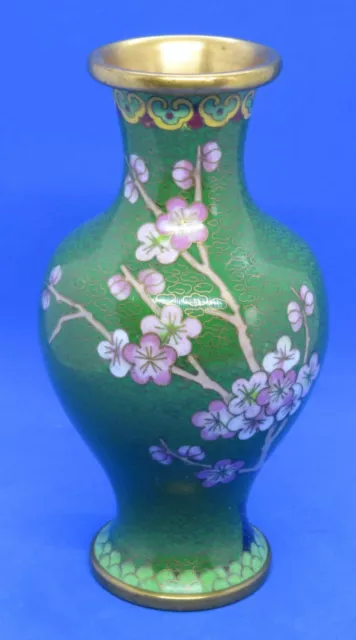 . Chinese green cloisonné vintage Art Deco oriental antique pink flower vase B