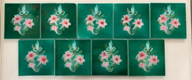 Tiles Antique Art Nouveau Floral Majolica England Set Of 9 Pc Motif Furniture